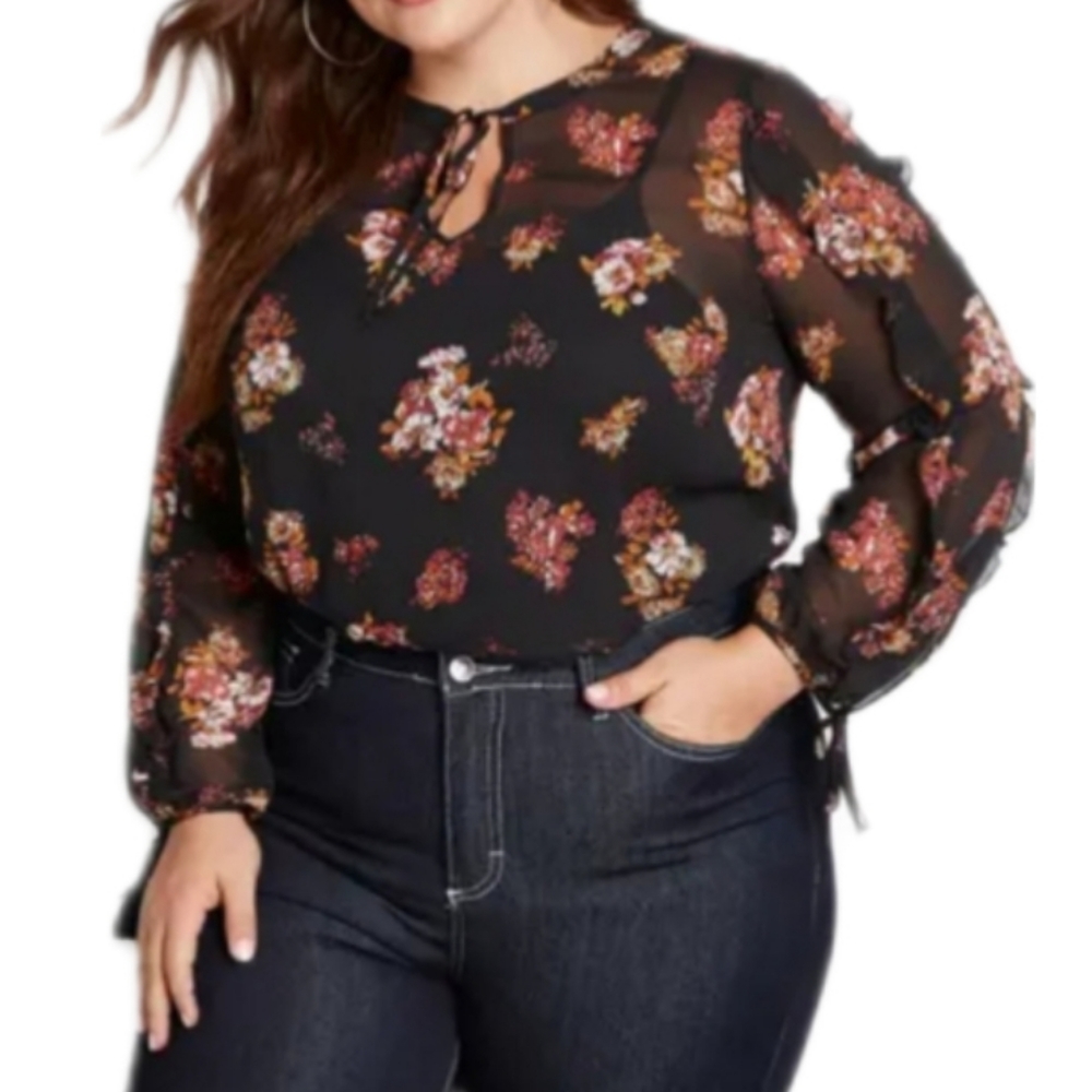 🔴 SALE NWT Modcloth Sheer Black Ruffle Blouse with Floral Pattern